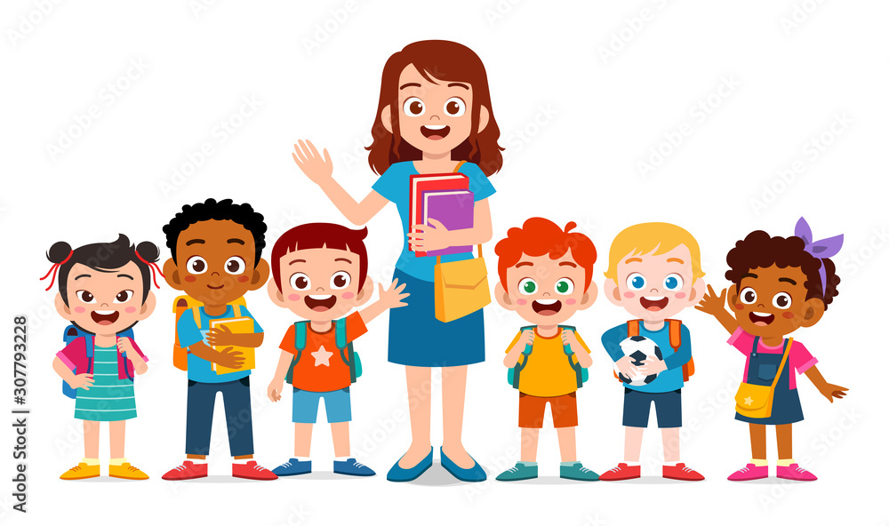 happy cute kids smile with teacher together happy cute kids smile with teacher together