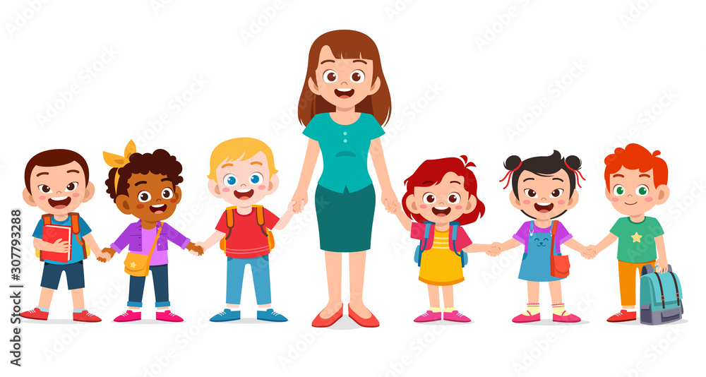 happy cute kids smile with teacher together happy cute kids smile with teacher together