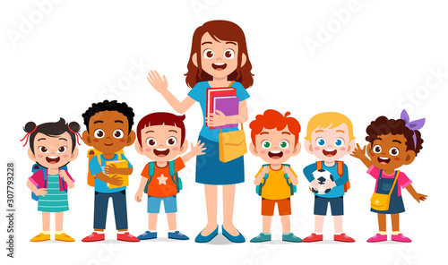 happy cute kids smile with teacher together