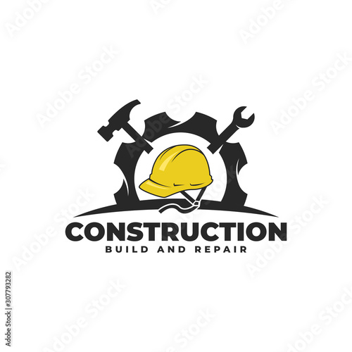 Construction Build & Repair with Hard Hats Wrench Hammer Logo Vector Icon Illustration
