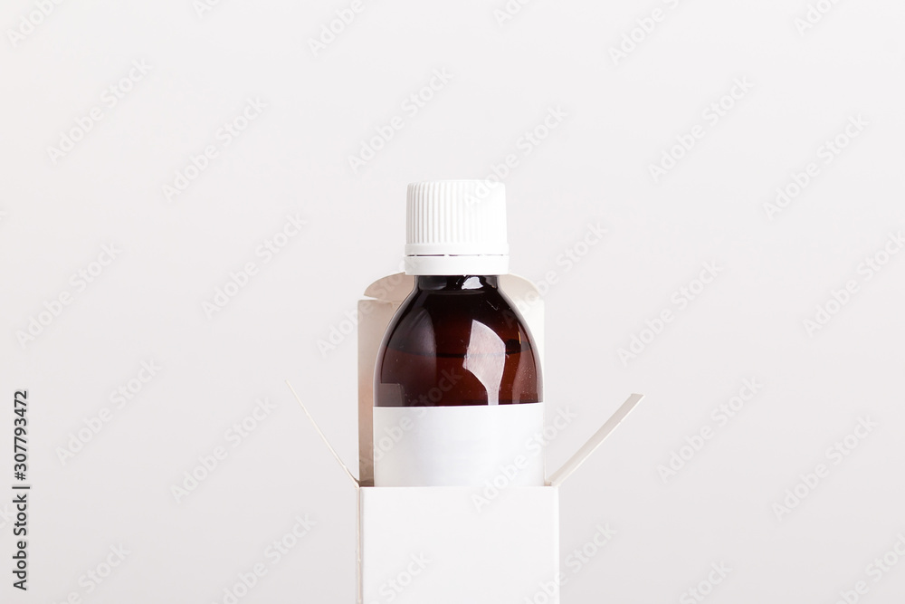 White pills box. Plastic bottles. Drugs box mock-up. Medical blank cardboard. Mockup. Pills bottle