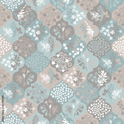 Abstract moroccan geometric seamless pattern with flower, twigs, leaves silhouettes.