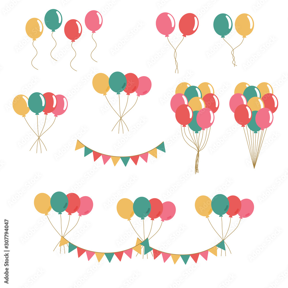 Bunches of colorful balloons in flat style vector isolated on white background. Colorful flags. Holiday banner.