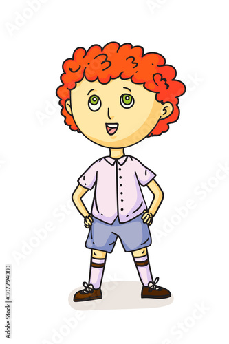 Pretty preschool redhaired boy singing song standing. Little male choral artist isolated on white. Choir vocal ensemble at school or in kindergarten. Vector flat illustration.