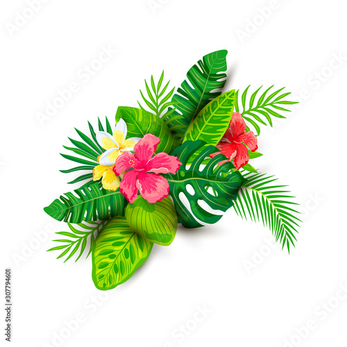 Tropical exotic leaves, hibiscus, plumeria flowers with shadows, vector illustration isolated on white background. Design element for poster, web, flyers, invitation, postcard, t-shirt, SPA, sticker.