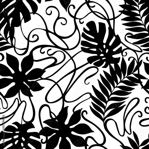 Black and white tropical florals  vintage ornament seamless pattern.