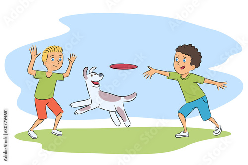 Boys and dog playing with flying disc cartoon