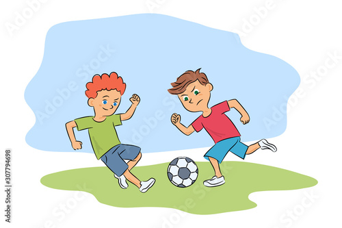 Young boys playing ball on playground cartoon