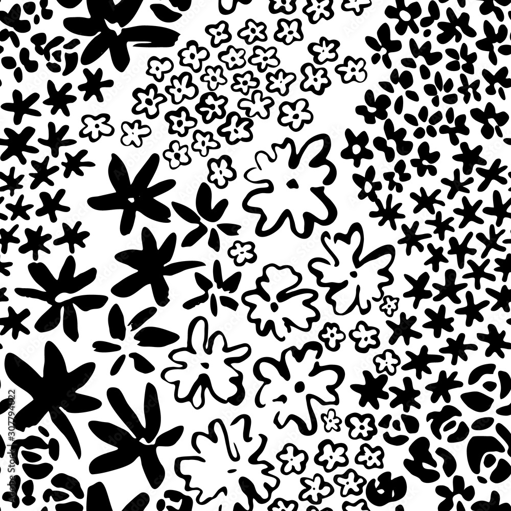 Black and white simple floral seamless pattern