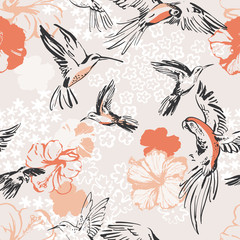 Handdoek met foto Papegaai patronen Lijntekening papegaaien en kolibries botanisch  © Tanya Syrytsyna