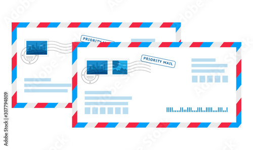 Priority mail in envelope with label cartoon set