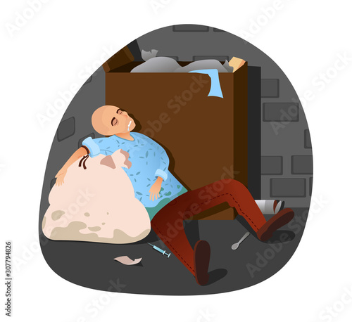 Addict lying near garbage and used drugs syringe