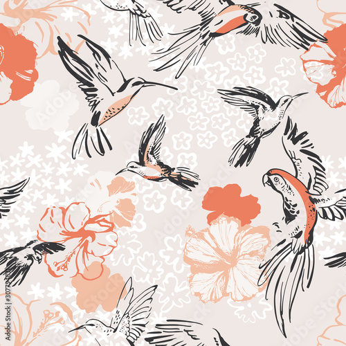 Line art sketch of parrots, hummingbirds, botanical florals