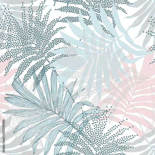 Hand drawn silhouettes, line art, half tones of palm leaves background for te...