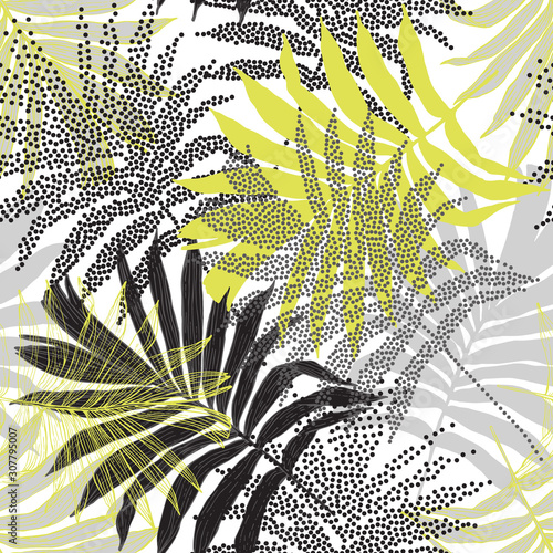 Hand drawn silhouettes, line art, half tones of palm leaves background for textile, fabric, wallpaper