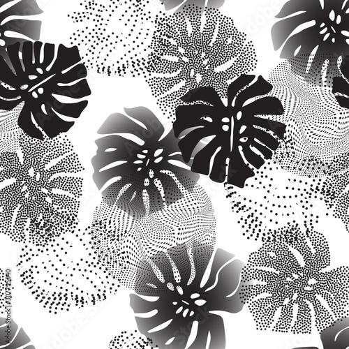 Tropical gradient and dotted leaves with optical distorted half tone circles background