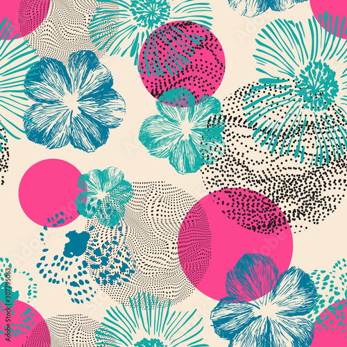 Abstract geometric floral seamless pattern. Hand drawn bright flowers combined with optical illusions geometric shapes.