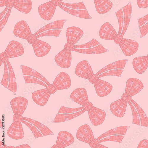 Vector tartan pink bow seamless tossed pattern design.