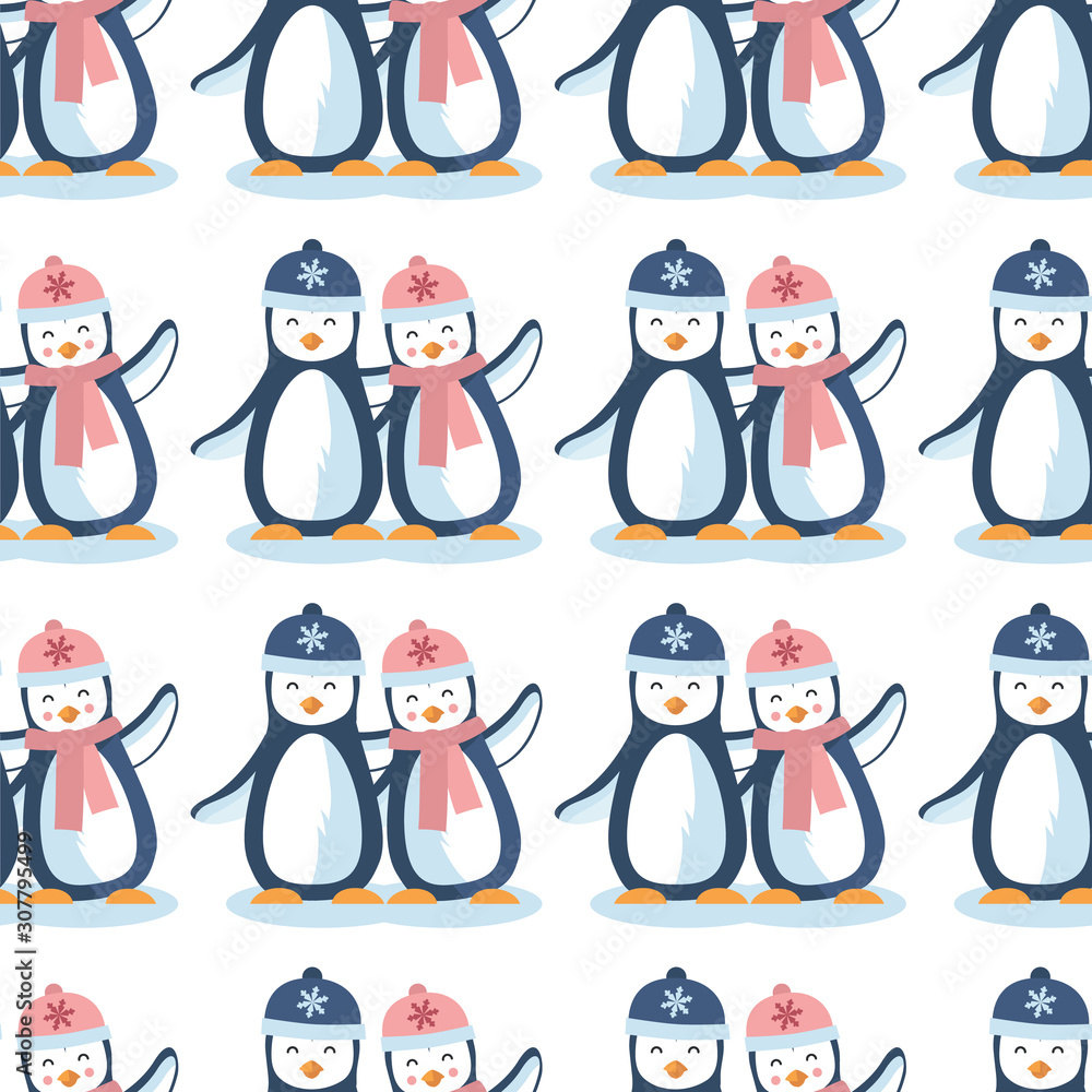 Fototapeta premium Vector cute penguin in winters vertical lines