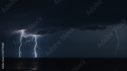 Extreme Weather With Lightning At Night Over The Baltic Sea Outside City Of Visby At island Of Gotland, Sweden