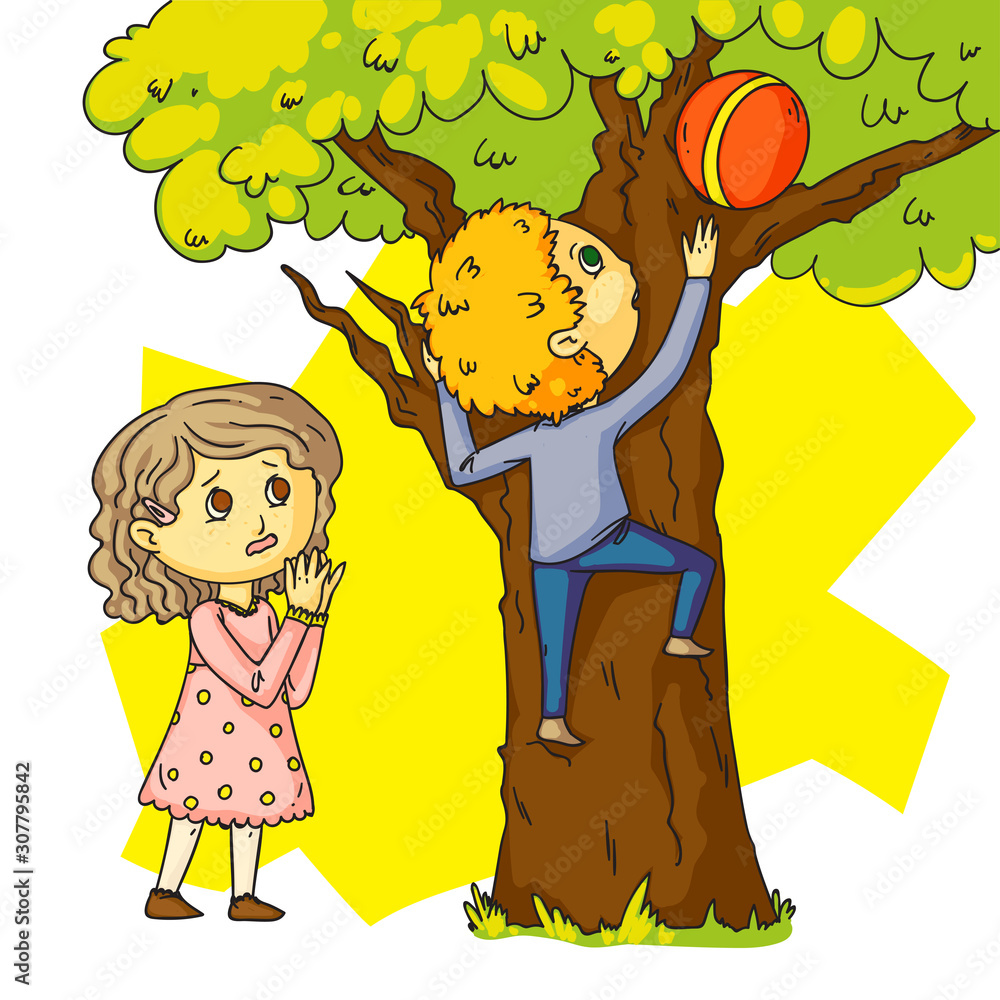 Boy climbing tree for ball to help girl cartoon Stock Vector
