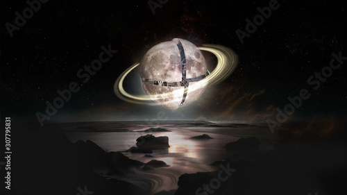 Fototapeta Naklejka Na Ścianę i Meble -  Landscape with separate parts of the moon with technological slices and a rings above the earth with reflections on the water. Futuristic concept. Elements of this image furnished by NASA