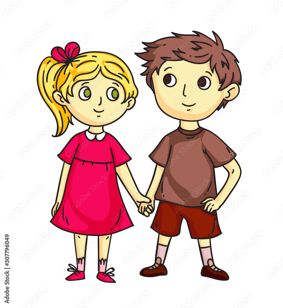 Cute happy children holding hand-in-hand flat cartoon. Smiling preschool  girl and boy standing together. Childhood and friendships. Best friends,  cheerful brother and sister. Vector illustration. Stock Vector | Adobe Stock