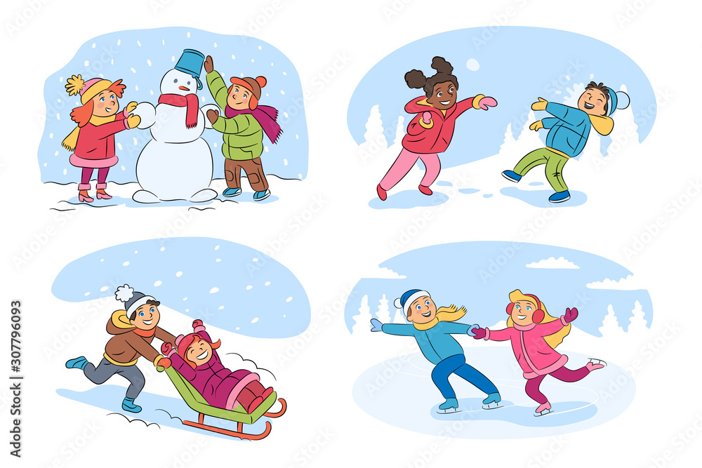 Kids winter activities cartoon illustrations set