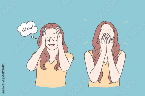 Emotional reaction, amazement expression, wonderstruck concept. Young woman in glasses looking surprised, astonished girl saying wow, beautiful overwhelmed lady. Simple flat vector