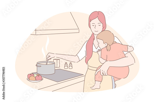 Happy motherhood, babysitting, housework concept. Young mother with little daughter cooking food, smiling woman with toddler on kitchen, professional nanny, housewife chores. Simple flat vector