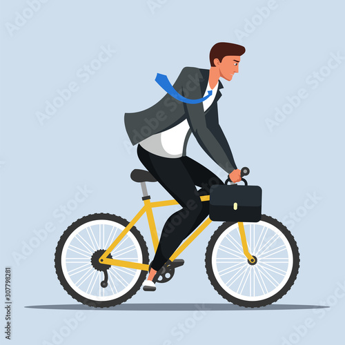 Businessman in suit rushing to job on bicycle