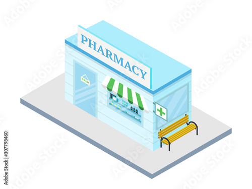 Pharmacy flat vector illustration. Drugstore isolated on white background. Isometric medical building with signboard. Public place facade, drug shop exterior. Pharmaceutical products store.