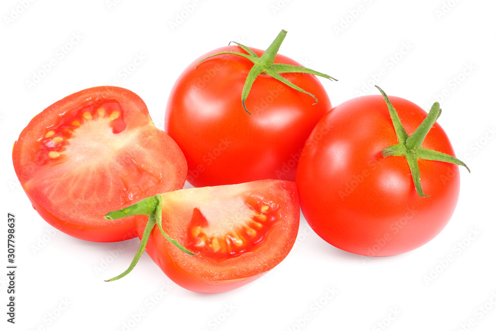 fresh tomatoes with slices isolated on white background. fresh tomatoes with slices isolated on white background.