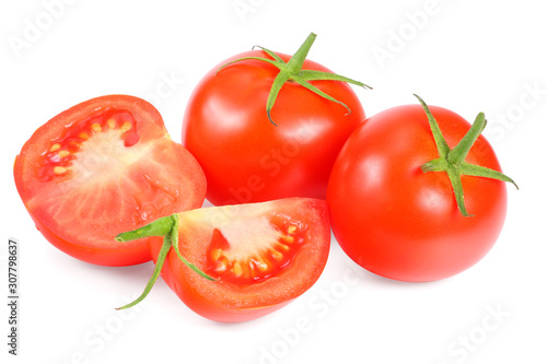 fresh tomatoes with slices isolated on white background.