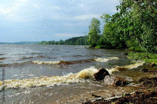 River Daugava near the town of Staburags  Sunny Day  big wind and wawes.Latvia