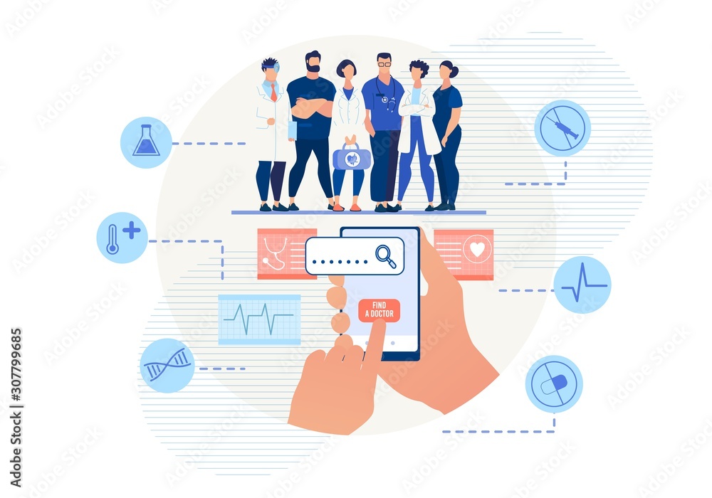 Mobile Application for Searching Doctor Online. Cartoon Doctors Team Medical Staff. Flat Human Hand Holding Smartphone Pressing on Button for Find Specialist. Vector Medicare Icons Illustration Mobile Application for Searching Doctor Online. Cartoon Doctors Team Medical Staff. Flat Human Hand Holding Smartphone Pressing on Button for Find Specialist. Vector Medicare Icons Illustration