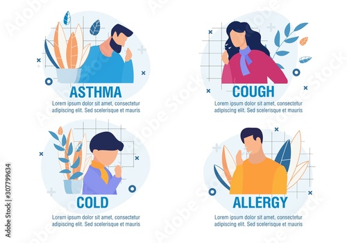 Different Types of Disease with Coughing Symptom. Cartoon Sick People Characters Set. Asthma, Cold, Allergy, Cough. Children and Adults. Medicine and Healthcare. Vector Flat Illustration