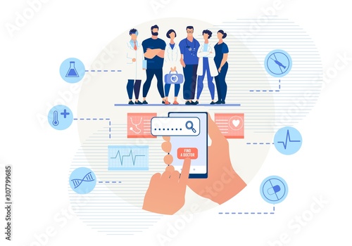 Mobile Application for Searching Doctor Online. Cartoon Doctors Team Medical Staff. Flat Human Hand Holding Smartphone Pressing on Button for Find Specialist. Vector Medicare Icons Illustration