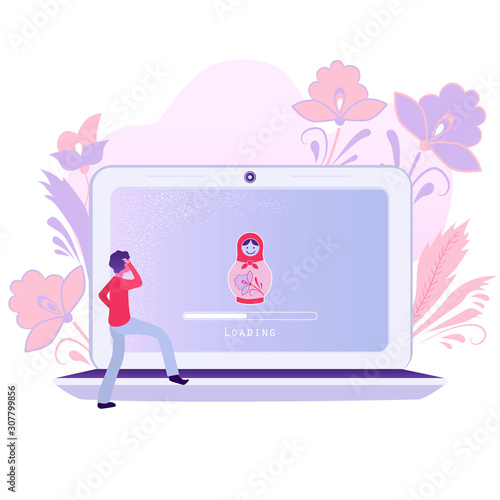 A laptop with an operating system loading screen with an image of a Russian nesting doll. The concept of an independent Russian Internet. Russian software. Vector illustration.