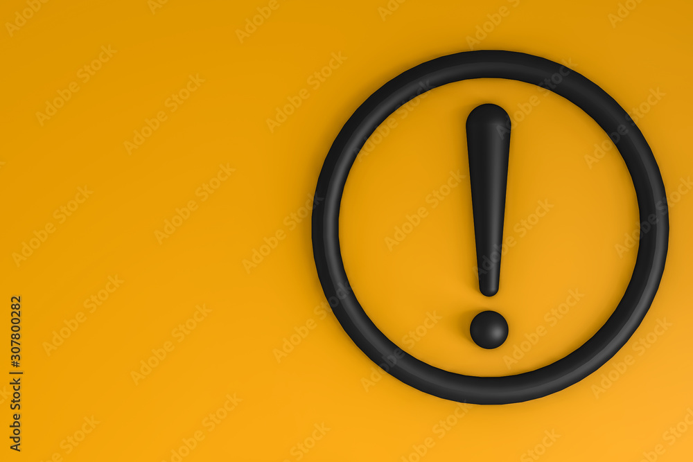 3d rendering of black Exclamation mark. Attention sign icon. Black circle and black Hazard warning symbol in yellow background. Circle Exclamation Icon. Caution, Security, warn. 3d rendering of black Exclamation mark. Attention sign icon. Black circle and black Hazard warning symbol in yellow background. Circle Exclamation Icon. Caution, Security, warn.