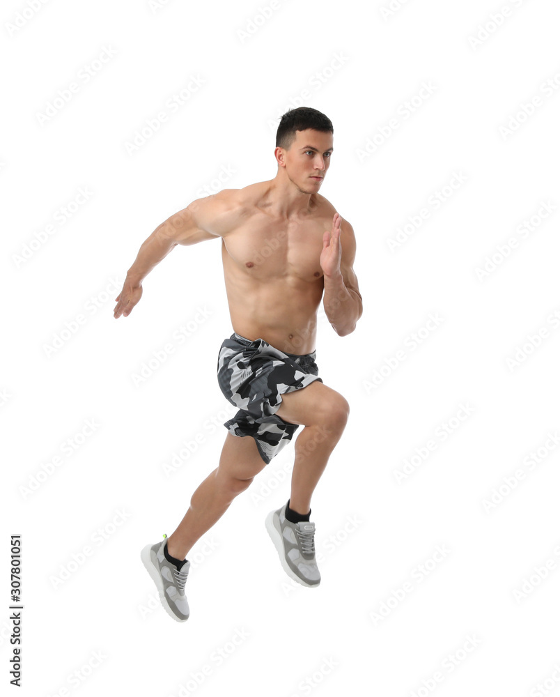 Athletic young man running on white background Athletic young man running on white background