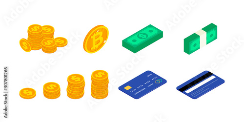 Money cash isometric icons set. 3d gold coin stack with dollar, bitcoin sign, credit card, cash money bundle. Various payment method symbol for web, apps, design. Vector illustration