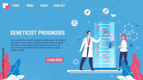Flat Design Landing Page Layout Offering Geneticist Prognosis Service. Person Predisposition Genetic Disorder Determination. Sickness Research and Test. Vector Cartoon Medical Researchers Illustration