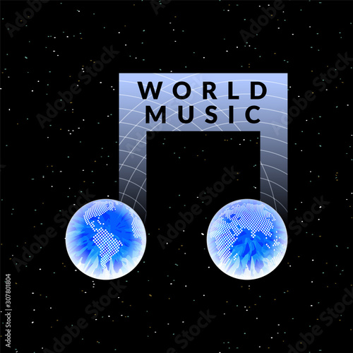 Worldwide music conceptual logo shaped as Earth globe and musical note. Vector illustration on starry dark space background