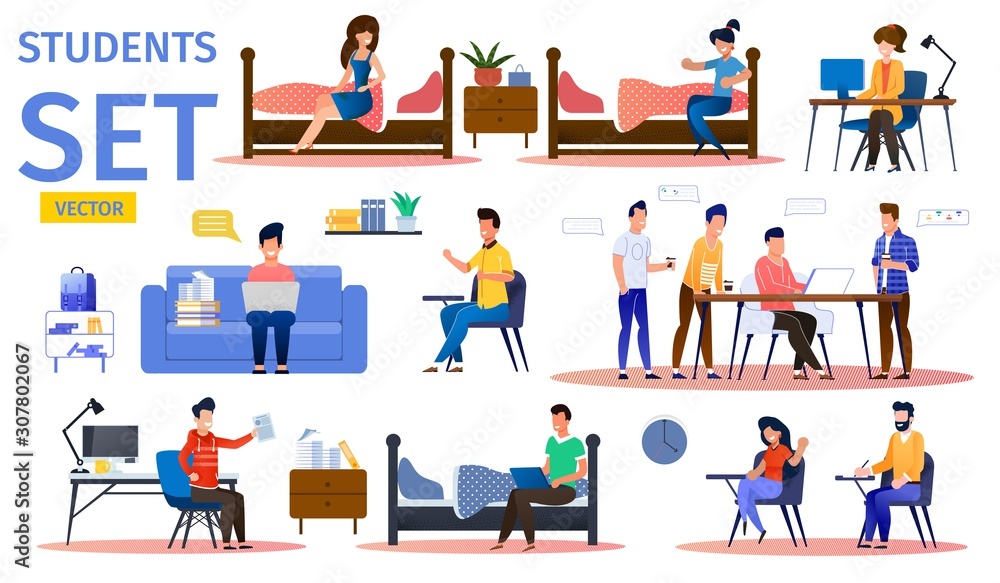 Students in College Dormitory Trendy Flat Vector Isolated Characters Set. Female, Male Students Resting, Studying, Surfing Online, Talking with Friends in Dorm Room, Taking Written Exam Illustration