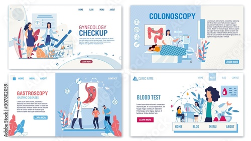 Online Healthcare Services Flat Landing Page Set. Gynecology for Women Health Protect. Colonoscopy, Gastroscopy, Blood Test for Disease Preventing and Treatment. Vector Cartoon Illustration