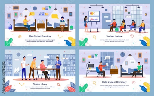 Modern University or College Students Routine Trendy Flat Vector Banners, Posters Set. Students Characters Sitting on Lecture, Studying in Library, Spending Time in Dormitory with Friend Illustration