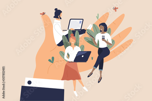 Tiny office workers sitting on huge hand. Concept of good comfortable environment at work, favorable psychological climate,high pay and freedom of creativity for employees. Vector flat illustration
