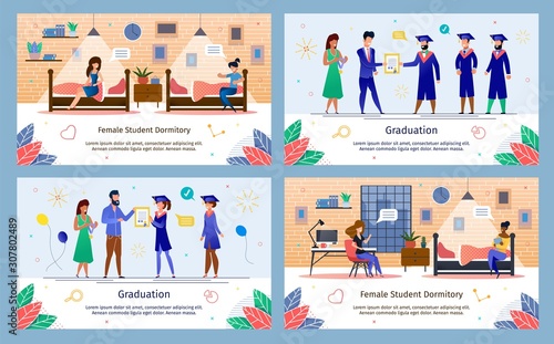 University or College Students Graduation Celebration Ceremony, Female Dormitory Life Trendy Flat Vector Banners Set. Happy Students Getting Diplomas, Talking with Friend in Dorm Room Illustration