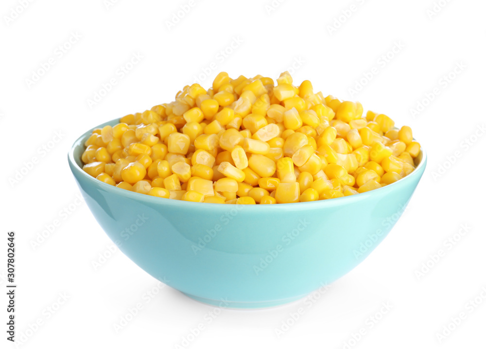 Delicious canned corn in bowl isolated on white Delicious canned corn in bowl isolated on white